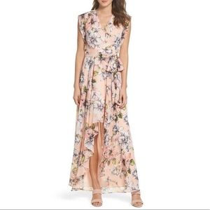 belted chiffon maxi dress eliza j ELIZA J Pink Peach Floral Print Halter Belted Tie Waist Chiffon Maxi Dress 10 M